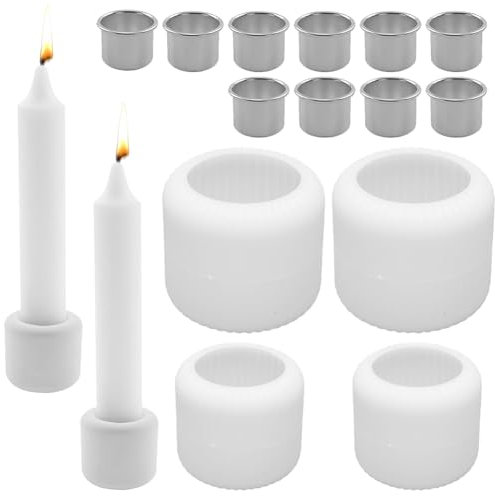 4 Stück Silikonform Kerzenhalter + 10 Stück Metall Kerzenständer, Silikon Gießform Kerzenhalter, Stabkerze Silikon formen DIY Kerzenformen Kerzenständer für Stabkerzen Teelichter
