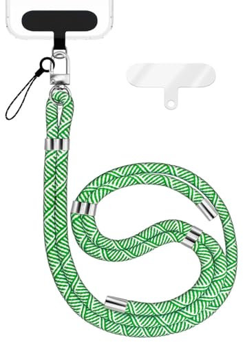 NALIA HoldMe Lanière Universelle pour Smartphone & Coque de Téléphone Portable, Cordon en Nylon Réglable, Sangle de Cou, Bandoulière avec Mousqueton (argent) & 2 Patches, Lanyard, Couleur:Vert Blanc