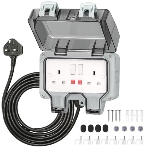 Desiretech Outdoor Double Switched Socket with 3m Cable – IP66 Waterproof & Dustproof Socket – 2 Gang Plug with LED Indicators – High Impact PC Housing – Weatherproof Power Outlet for Sheds & Garages