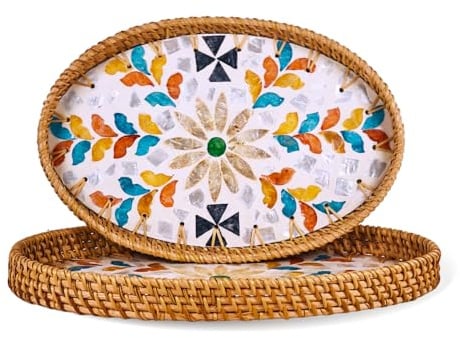 Welhammsae 2 Stück Rattan Serviertablett Oval Geflochtener Aufbewahrungskorb Couchtischtablett für Geeignet für Zuhause Küche Bad Wohndekor(Bunte Blätter)