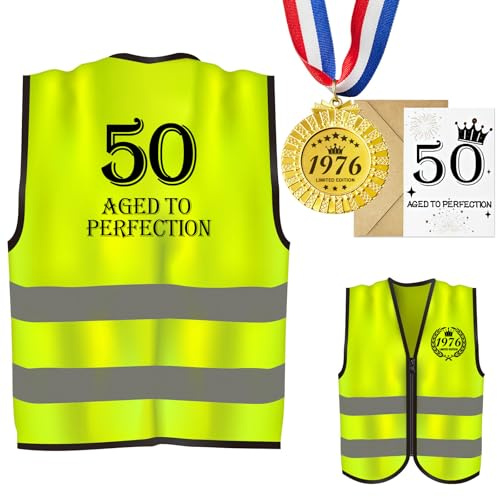 Seutgjie Geschenke zum 50. Geburtstag Lustige Geburtstagsweste mit Medaille | Geburtstagsgeschenk für Männer Frauen 50 mit Geburtstagskarte Deko 50. Geburtstag Geburtstagsfeier