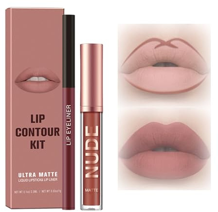Matte Liquid Lip Colour And Lip Liner Set, Warm Nude, Brick Red, 2-Piece | 2.5 ml Tube With Applicator, 1 g Pencil, Coordinated Rose-Brown And Burgundy Tones, For Outlining And Filling Daily Looks