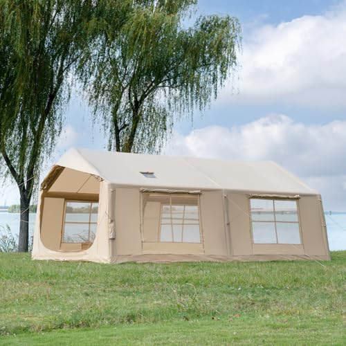 Inflatable Camping Tent with Hand Pump, Easy Assemble Waterproof Windproof Outdoor Inflatable Camping Tent for 4-12 Person Oxford Glamping