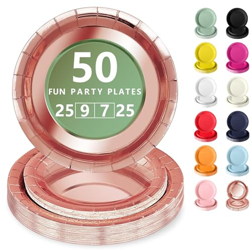 Nkaiso 50 Stück Roségold Einweg Pappteller | Partygeschirr Set Mit 23cm Party Teller, 18cm Dessertteller, Elegantes Einweggeschirr für Jubiläums, Hochzeiten, Geburtstag
