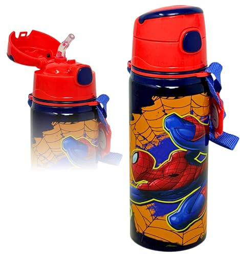 Botella de Agua Infantil Niño para Spiderman Fan - Cantimplora Aluminio 600ml con Pajita y Correa (3-10 Años) - Antigoteo, Sin BPA, con Etiqueta Nombre - Ideal Colegio y Guardería