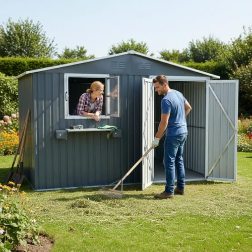 10x8 ft Modernes Metall Gartenhaus 2.5x3 m mit öffenbaren Fenstern & Blumenhalter, Wasserdichter Außenschuppen für Hinterhof & Garten, Grau (Anthrazitgrau, 10x8FT)