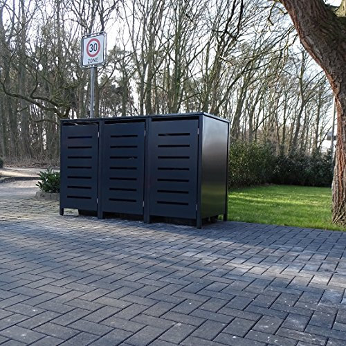3 Mülltonnenboxen Modell No.6 für 120 Liter Mülltonnen / komplett Anthrazit RAL 7016 / witterungsbeständig durch Pulverbeschichtung / mit Klappdeckel und Fronttür