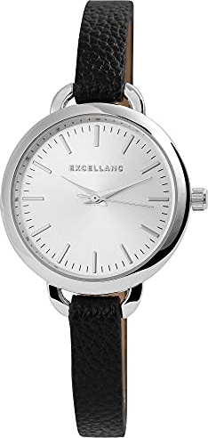 Excellanc Damen-Uhr Kunstleder Armband Dornschließe Analog Quarz 1900158 (schwarz silberfarbig)