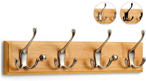 LARHN Garderobenhaken Holz - Garderobenleiste Holz mit 4 Haken in Nickel Matt - 42 cm - Kleiderhaken Wand - Wandgarderobe für Flure, Garderoben, Schlafzimmer und Badezimmer