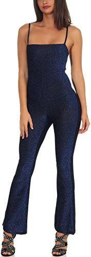 StyleLightOne Damen Glitzer Overall Jumpsuit Onesie Reißverschluss Schlaghose Träger Sylvester Tanzhose Clubwear, Blau 36/38 (M)