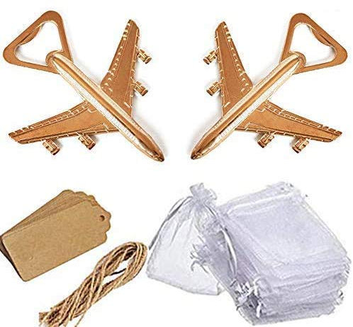 Amajoy 25 Stück Flugzeug-Flaschenöffner mit weißer, durchsichtiger Tasche, Kraftpapier, Escort, Karte, Hochzeit, Babyparty, Rückgabe, Geschenke, Reise-Thema, Party-Gastgeschenk