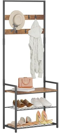HOMEKOKO Garderobenbank, Schuhbank, Diele, Baum, Eingang, Stauraum, Sitzbank, Holzoptik, Akzentmöbel mit Metallrahmen, 3-in-1 Design (Rustic Brown)