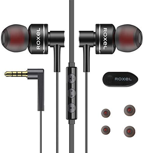 Roxel RX10 Earphones with Microphone, Noise Isolating in-Ear Wired Earbuds Headphones with Powerful Bass and Clear Sound, Tangle-Free Cable, Compatible with iPhone, iPad, iPod, Smartphones and Tablets