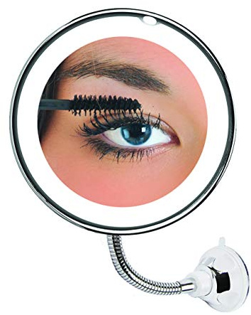 Miroir grossissant de maquillage GLOW BRIGHT FLEXI MIRROR avec ventouse et lumière Led. Miroir cosmétique flexible éclairé de voyage avec lumière de jour et de nuit. Rond pour le maquillage.