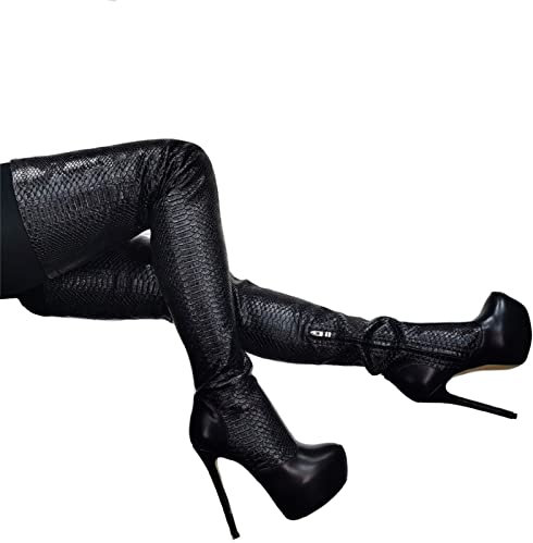 BeAUZQ Moda Donna Serpentine Punta a Punta Stivali sopra Il Ginocchio 16CM Tacchi a Spillo Stivali Alti alla Coscia Sexy Stripper Club Pole Dance Scarpe,Nero,42