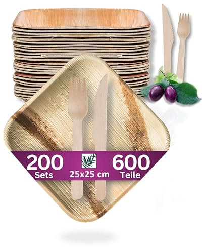 Waipur Platos Desechables de Hoja de Palma y Cubiertos de Madera - Set de 200 Cuadrados 25x25 cm, Cuchillos y Tenedores - Vajilla Ecológica y Elegante - como Bandejas de Bambu - Menaje Descartable