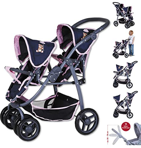 KNORRTOYS.COM 16435 Zwillingspuppenwagen Milo-Navy Bear, Dunkelblau, pink