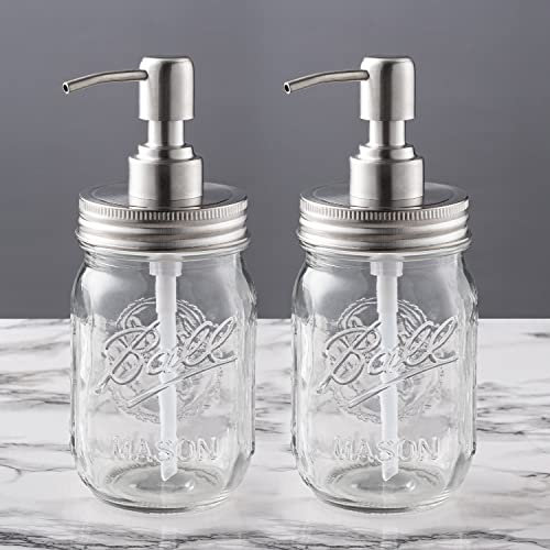Mason Jar Glass Hand Soap Dispenser Bathroom Kitchen 2 Pack with Rust Proof Stainless Steel Pumps 16 oz Thick Clear Modern Farmhouse Decor