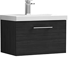 nuie ARN622A Arno Modern Bathroom Wall Hung 1 Drawer Vanity Unit with Mid-Edge Ceramic Basin, 600mm, Woodgrain Charcoal Black