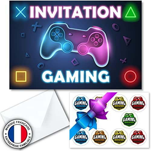 Kit créatif de 20 cartes d'invitation en français pour anniversaire sur thème gamer pour 20 invités (20 cartons d invitation + 20 enveloppes + 2 planches de 10 stickers). Idéal enfants de 4 à 15 ans