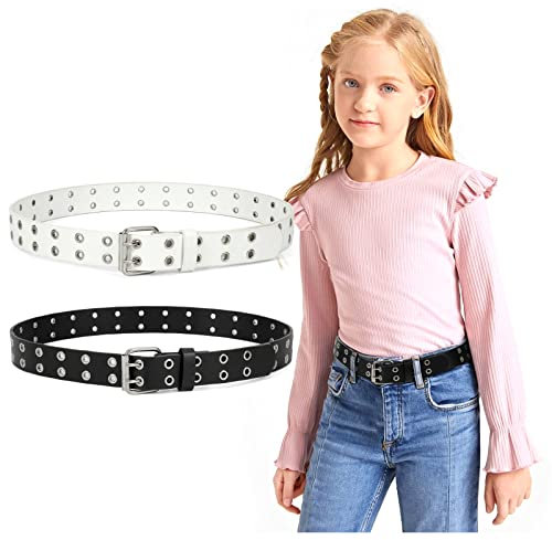 LEACOOLKEY Kinder Gürtel mit doppelter Öse für Mädchen und Jungen, PU Leder Kinder Gürtel mit doppelten Nieten für Jeans Hosen Schwarz+Weiß,90cm