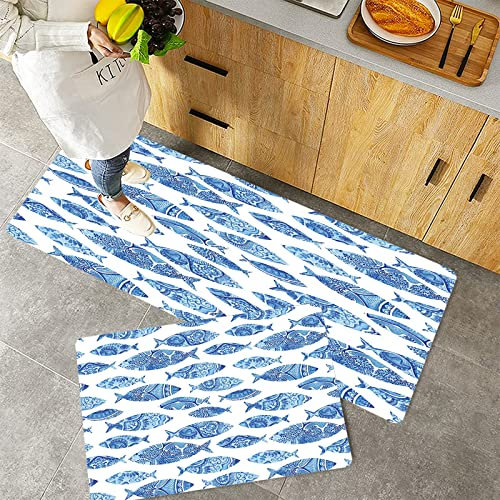 Küchenteppich Teppich Läufer Küchenläufer 2 Stück rutschfest,Meerestier, Fischfiguren mit antiken osmanischen verzierten Mosaik handgezeichneten Marine, Waschbar für Flur Küche 40 x 100 cm+40 x 60 cm