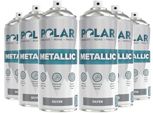 Polar Metallic Silver Spray Paint - 6 x 400ml | Multi-Purpose Interior & Exterior Use | Ideal Silver Spray Paint For Metal, Wood, Glass, Plastic, Ceramics & Ornaments | Quick Drying | Easy to Apply