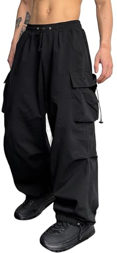 ZAFUL Flat Pocket Parachute Pants for Men Causal Baggy Cargo Pants Unisex Street Y2K Pants Drawstring Trousers Black M