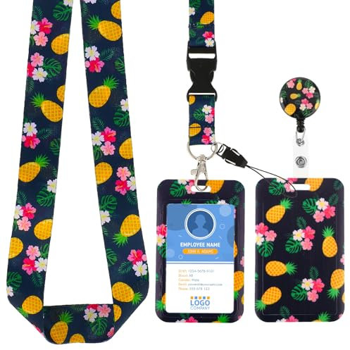 Amabro Porte-badge avec cordon – Enrouleur rétractable avec cordon réglable – Cordon tour de cou durable – Pour bureau, personnel, étudiants, employés, enseignants (fleur d'ananas)