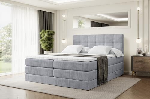 ALTDECOR Boxspringbett mit Matratze und Lattenrost, Topper, Polsterbett mit Bettkasten, Bett mit Stauraum H3- und H4- Matratze, Doppelbett, Springboxbett - Marce King - 140x200 - Grau Monolith 84