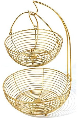 Sarmini Obst Etagere - 3 teilig - zwei große Obstschalen & Bananenhalter - Obstkorb aus Metall -Obstkörbe für Obst Gemüse Brot Snacks (Gold, zwei große Obstschalen mit Bananenhalter)