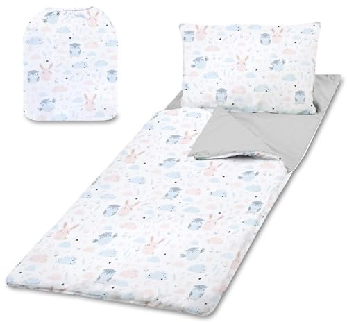 Schlafsack Kinder mit Kissen und Reißverschluss für Baby 3-7 Jahre - 140 x 75 cm Kinderschlafsack Indoor für Kindertagesstätte Kindergarten Deckenschlafsack Oeko-Tex Eulen