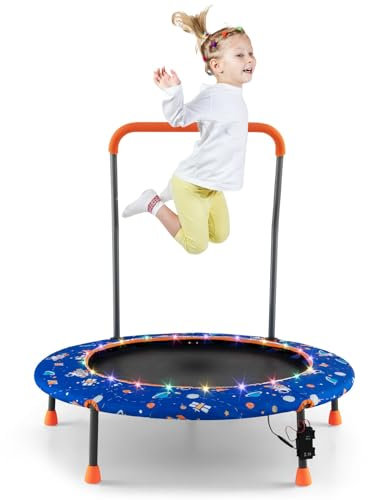 LIFEZEAL Ø 92cm Kindertrampolin mit LED-Lichtern, Trampolin Kinder mit Griff & Sicherheitspolster, Jumping Rebounder für Indoor, Minitrampolin für Kinder ab 3 Jahren (Blau)