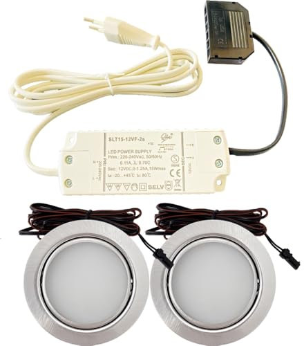 Lichtfaktor24 2er Set LED Möbel Einbauleuchten Edelstahl Gebürstet superflach 3W warmweiß 3000K 180lm 12V mit 15W LED Trafo 230V Zuleitung. LED Spots für das Wohnzimmer, Küche oder Bad.