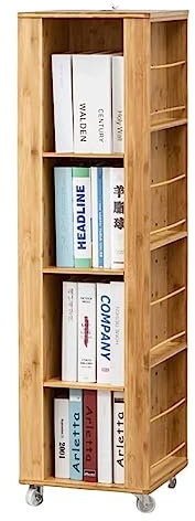 Bücherturm Freistehend 4-stufiges drehbares Bücherregal mit Rollen, rollendes Bücherregal, großes Fassungsvermögen, Bambus-Bücherregale, platzsparendes Bücherregal für Zuhause perfekte Darstellung
