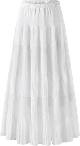 comefohome Maxi Skirts for Women UK Pleated Long Flowy Chiffon Elasticated Waist Tiered A Line Ladies Summer Skirt White L