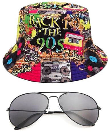 EHDWXVZM 1 Vintage-Eimerhut, 1 Sonnenbrille, Doppelseitiger Sonnenhut, Graffiti-Sonnenhut, Partydekorationshut