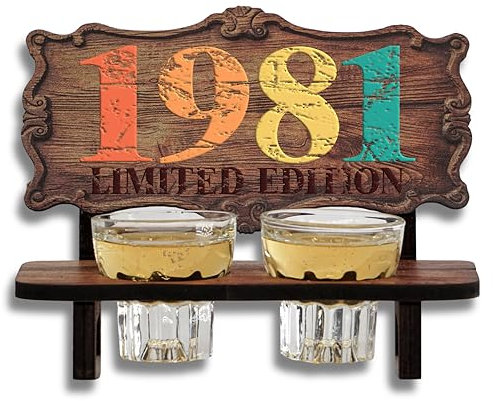 DARO Design - Schnapsbank Jahreszahl Geschenk zum 44. Geburtstag, Limited Edition Jahrgang 1981, Geburtstagsgeschenk Deko Vintage Retro Look lustige Geldgeschenke mit 2 Schnapsgläser, Geburtstagsdeko