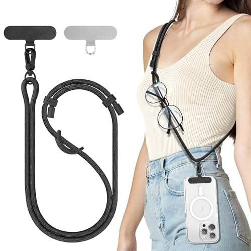 SURPHY Cordon Téléphone Portable Universelle, Tour de Cou Telephone Réglable et Détachable, laniere telephone portable Longue en Nylon Compatibles avec des Smartphones etc, Plein Noir