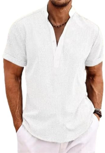 T-Shirt Herren Casual T-Shirt Herren Gestreifte T-Shirt Herren Einfarbig T-Shirt Herren Knopfleiste T-Shirt Herren Mode T-Shirt Herren Kurzarm Herren A-White M