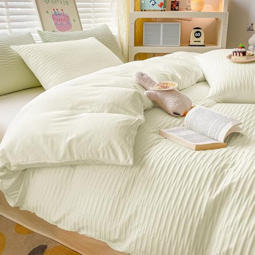 Seersucker Duvet Cover Set Double Size Beddding Set with Pillowcases for Teens Adults Soft Microfiber Polyester Seersucker Bedding, Cream White, 200x200cm