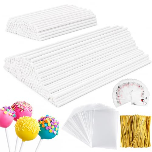 200 Stück Cake Pop Stiele, Cakepop Stiele aus Papier Papier Lollipop Sticks | Cake Pop(10cm/15cm) mit 200 Süßigkeiten Tüten Durchsichtige Cellophantüte für Lutscher Süßigkeiten Gebäcke Kekse Bonbons
