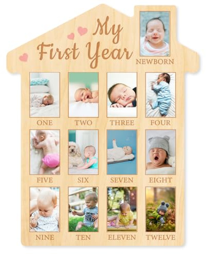 ORIGACH Mein Erstes Jahr Fotoanzeige aus Holz, Personalisierter Bilderrahmen Baby Meilensteintafel Für Neugeborene Babys Geburtstag Kinderzimmer Dekor, Rosa Herz