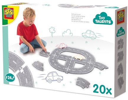 SES Creative 13151 Felt Road Circuit 20pcs - Creative Play Set for Kids Aged 24 Months+ - Build Your Own Road Network with 4 Straight Pieces, 4 Crossings, and 8 Curves