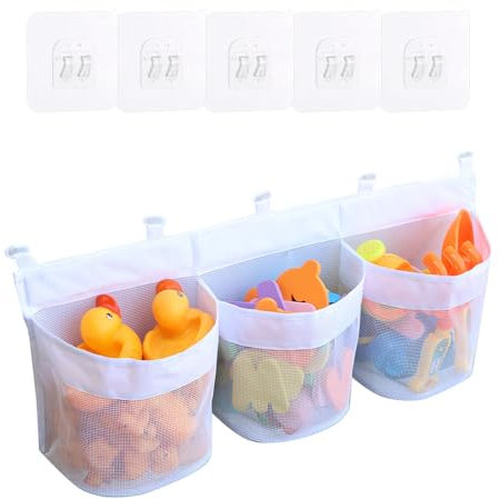 Large Bath Toy Storage Organizer with 5 Strong Suction Hooks,Mesh Baby Bath Toy Storage with 3 Compartment Large Openings, Quick Drying Bath Toy Net Bath Toy Keep Space Tidy