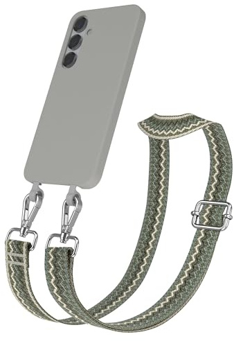 EAZY CASE - Hülle mit Band kompatibel mit Samsung Galaxy S25 Plus Handyhülle für Galaxy S25 Plus Silikonhülle Mikrofaser Handykette Umhängen 2in1 Hülle Handykordel Wellen - Grün Beige Metall Silber