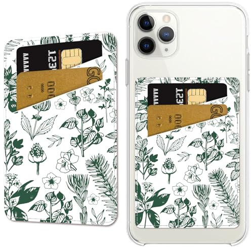CREATCABIN Flowers Phone Card Holder Leather Cell Phone Wallet Stick on Adhesive Credit Card Holder Slim Double Pocket Sticker for Back of Phone Case Compatible with Most Phones 3.7 x 2.5 Inch