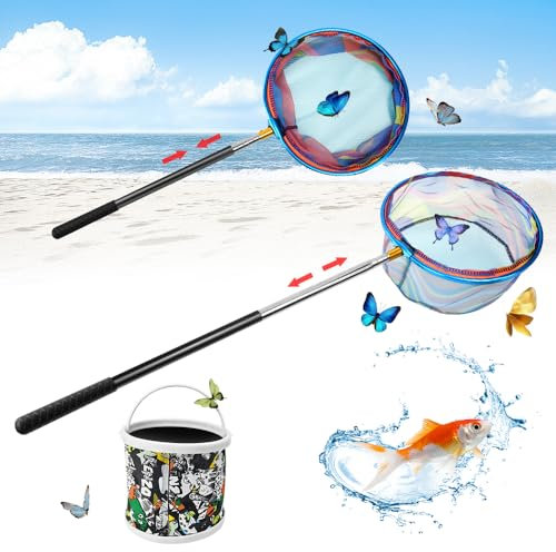 WEFHEF Teleskop Kescher Unterfangkescher für Kinder Angel Kescher Fischen Unterfangkescher 65cm-145cm Netze Angel Fangennetz Fischernetz Schmetterling Insekten Fangennetz Faltbar Eimer Outdoor Pool