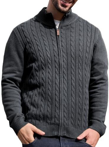 Les umes Men's Cardigan Sweaters Full Zip Stand Collar Cable Knitted Sweater Cotton Long Sleeve Zipper Cardigans