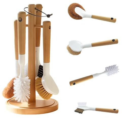 4pack Bamboo Dish Brush Set,Long‑Handle Kitchen Scrub Brushes | Non‑Scratch,Durable,Natural‑Bamboo,Multi‑Purpose,Dish Brush,for Pot Washing,Sink Cleaning